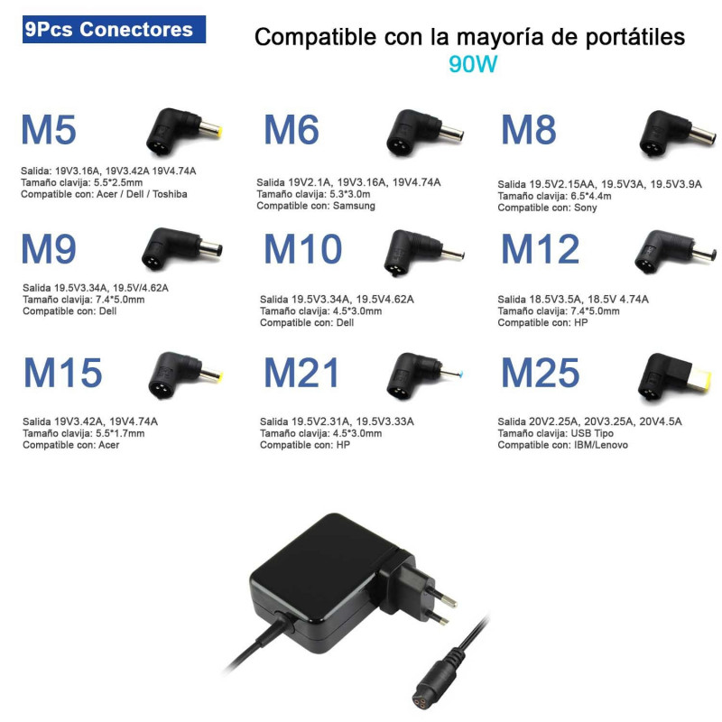 CARGADOR UNIVERSAL DE PARED ULTRA PORTABLE 90W 9TIPS