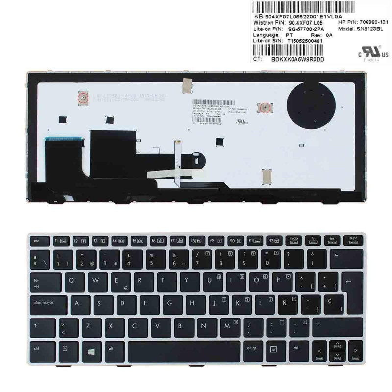 TECLADO RETROILUMINADO PARA PORTÁTIL HP ELITEBOOk 810 G1 810 G2 810 G3 NEGRO Y MARCO PLATA