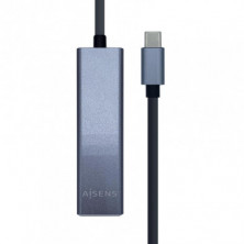 HUB USB Aisens A109-0396 Gris + Adaptador Lan, Usb Tipo-C Macho / Conectores 3*Usb-A Hembra RJ45 10/100/1000 Ethernet